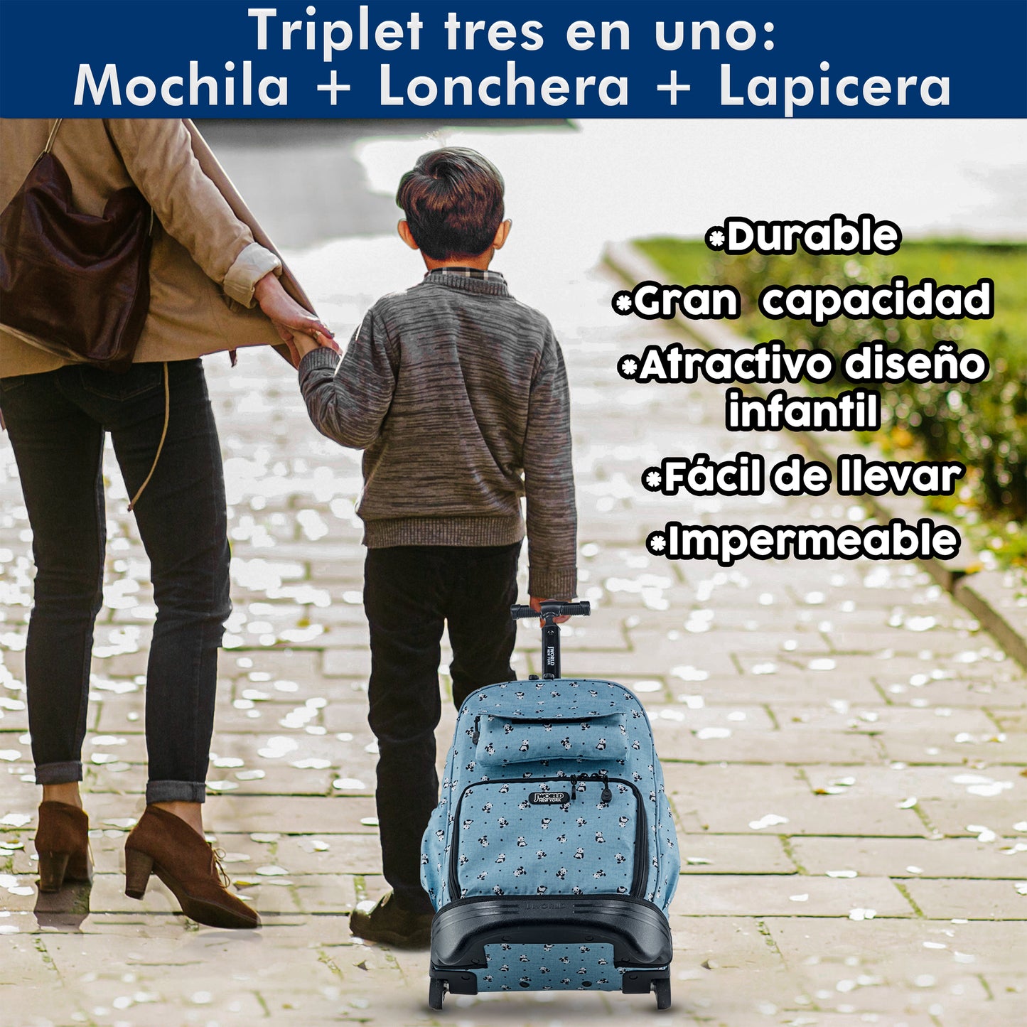 Mochila Escolar Con Ruedas Panda 3 en 1: (Lonchera + Lapicera) Integradas