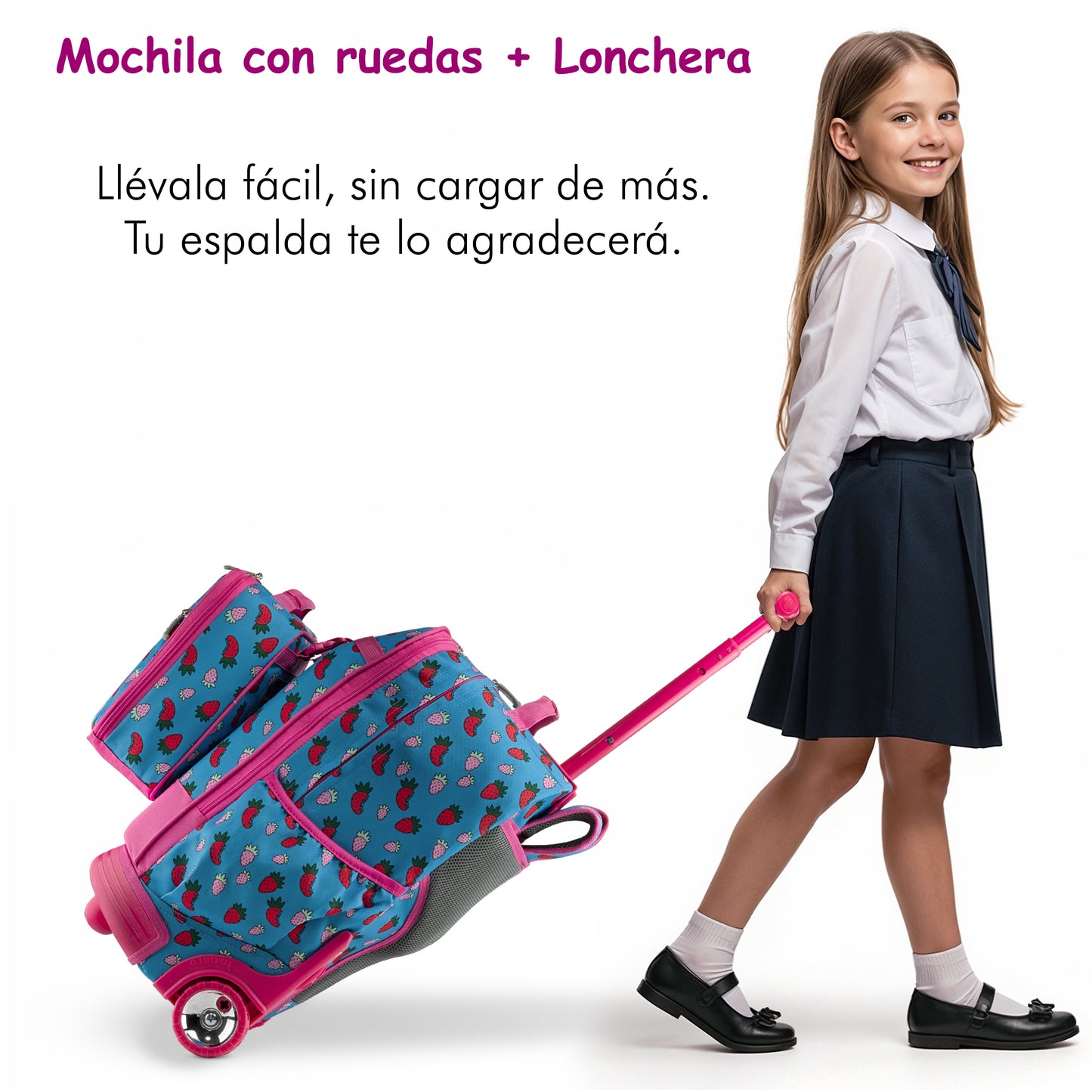 Mochila Escolar Con Ruedas Duo JWorld Fresa + Lonchera