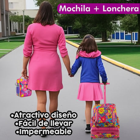 MOCHILA ESCOLAR PARA NIÑA CON RUEDAS JWORLD + LONCHERA PANSY