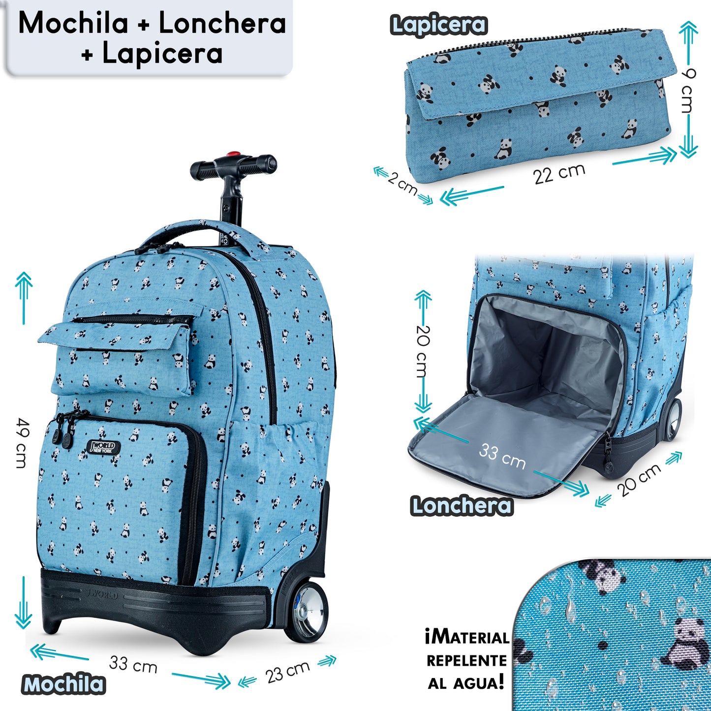 Mochila Escolar Con Ruedas Panda 3 en 1: (Lonchera + Lapicera) Integradas