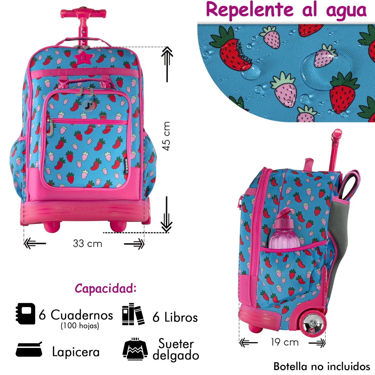 Mochila Escolar Con Ruedas Duo JWorld Fresa + Lonchera