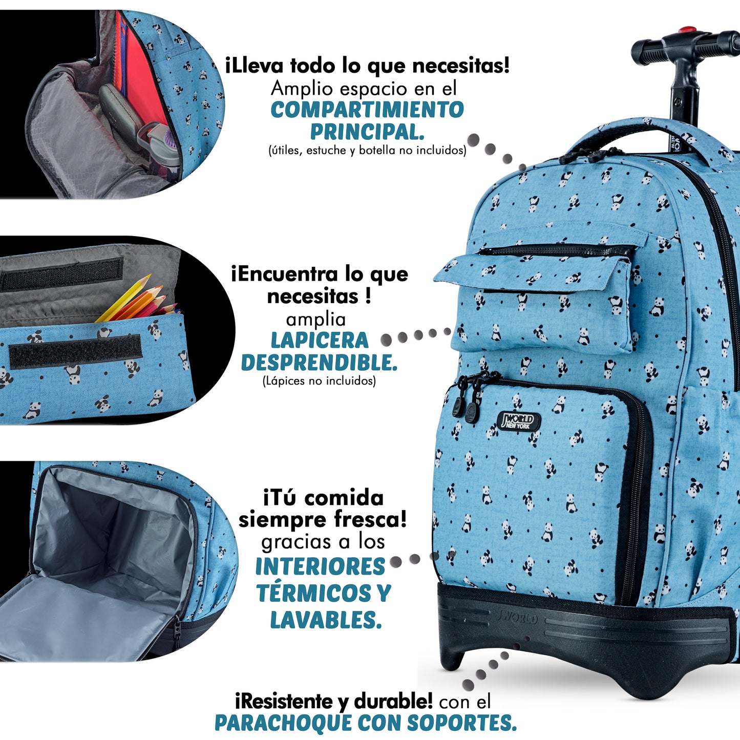 Mochila Escolar Con Ruedas Panda 3 en 1: (Lonchera + Lapicera) Integradas
