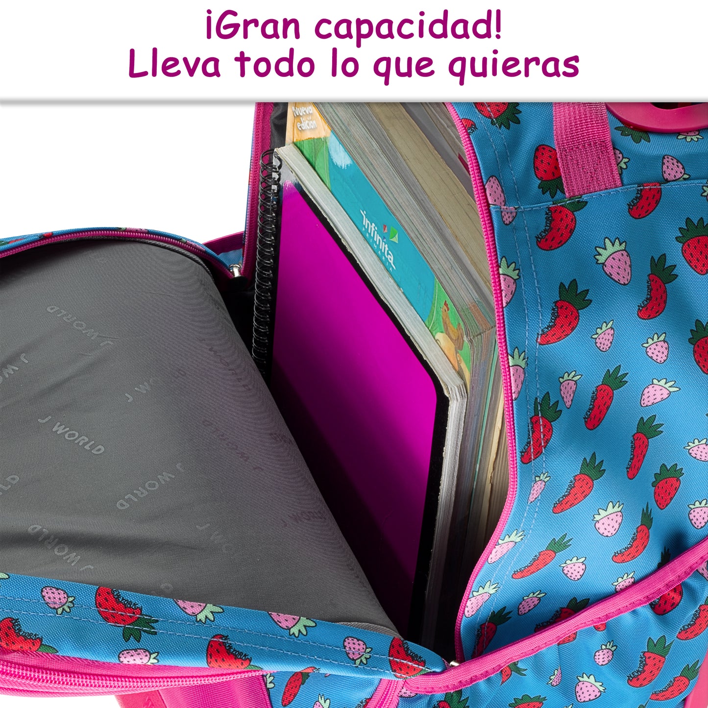 Mochila Escolar Con Ruedas Duo JWorld Fresa + Lonchera