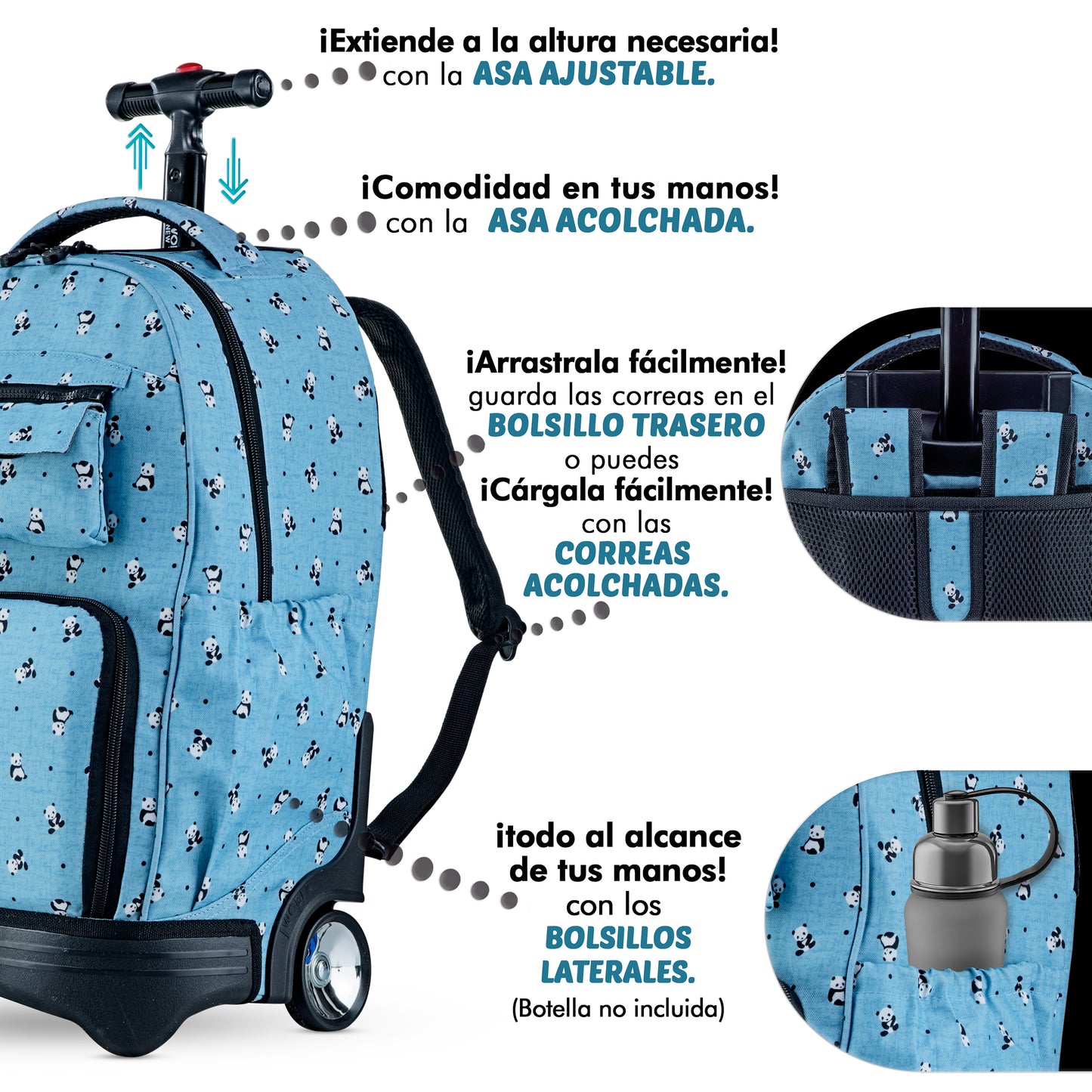 Mochila Escolar Con Ruedas Panda 3 en 1: (Lonchera + Lapicera) Integradas