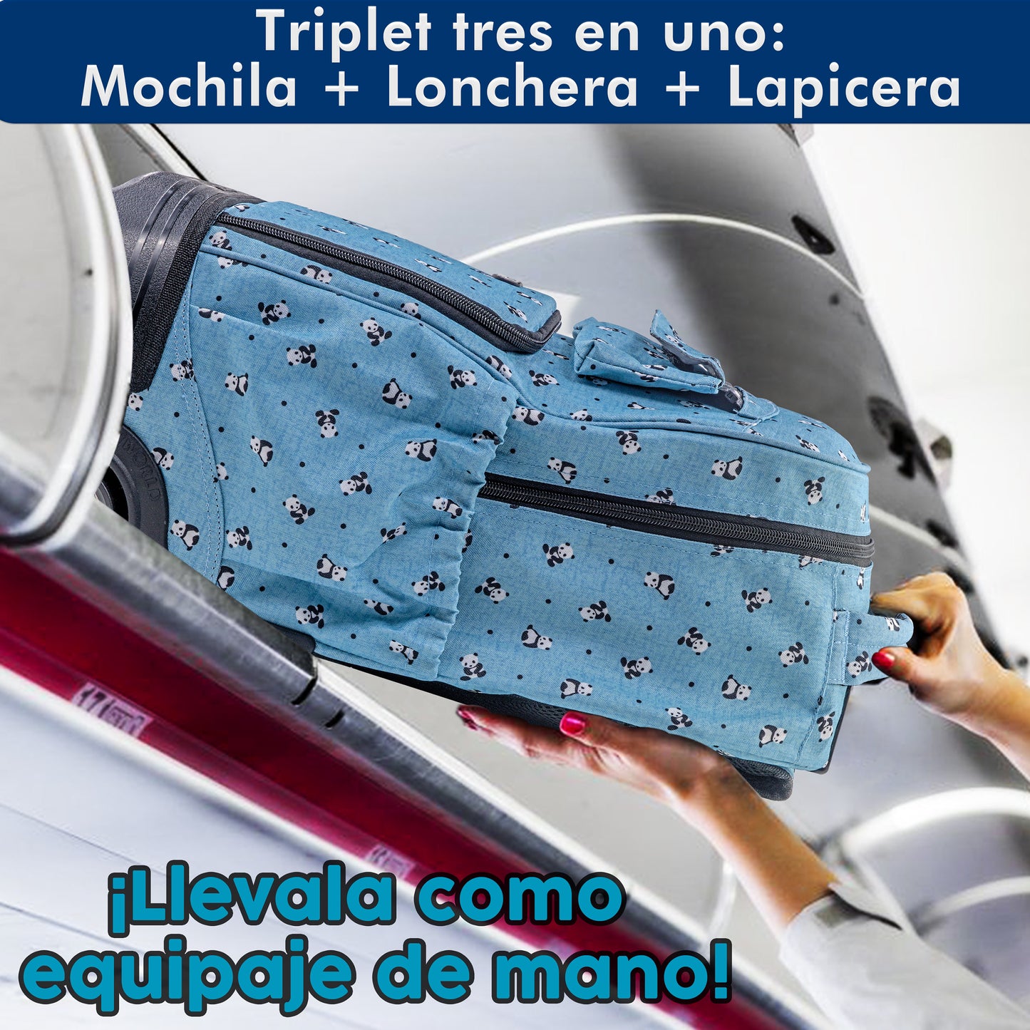 Mochila Escolar Con Ruedas Panda 3 en 1: (Lonchera + Lapicera) Integradas