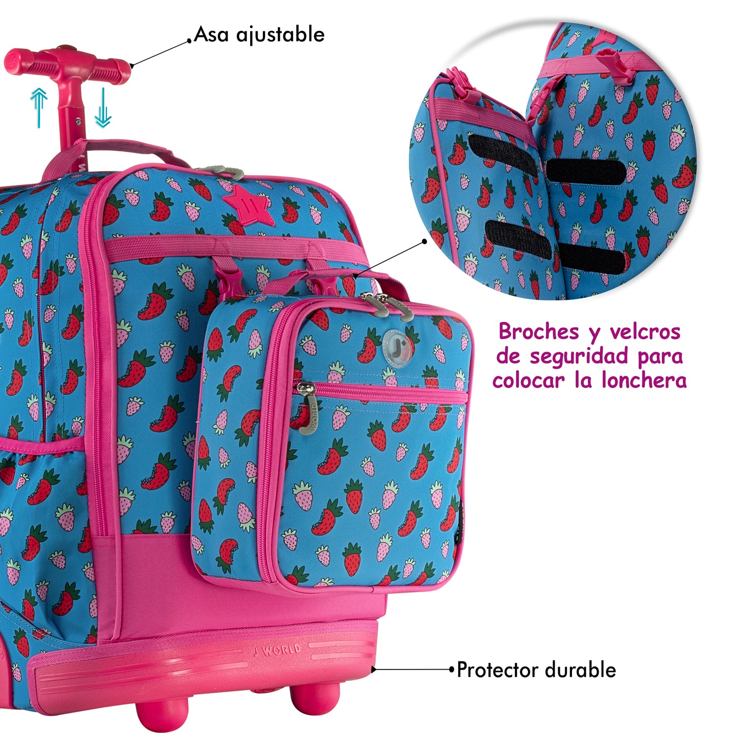Mochila Escolar Con Ruedas Duo JWorld Fresa + Lonchera