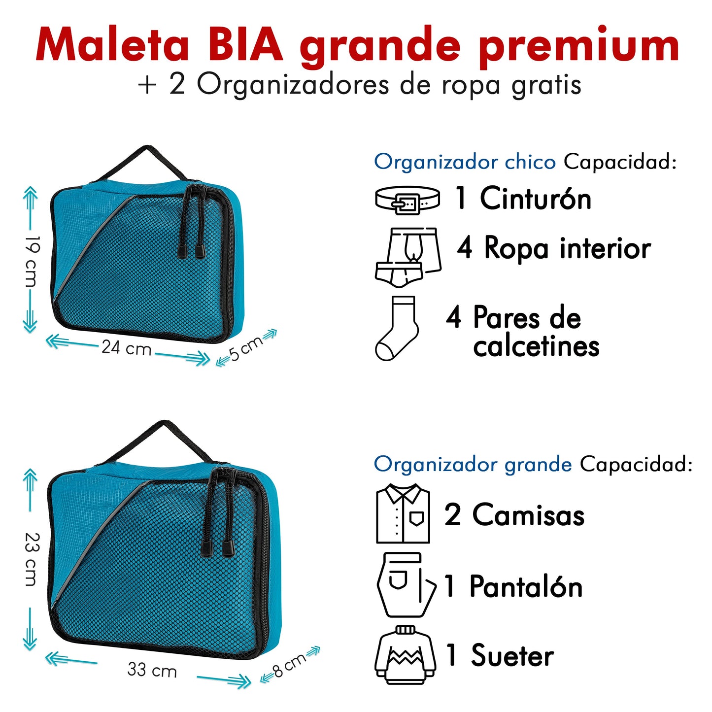 Maleta de Policarbonato BIA 28 Pulgadas + 2 Organizadores de Ropa