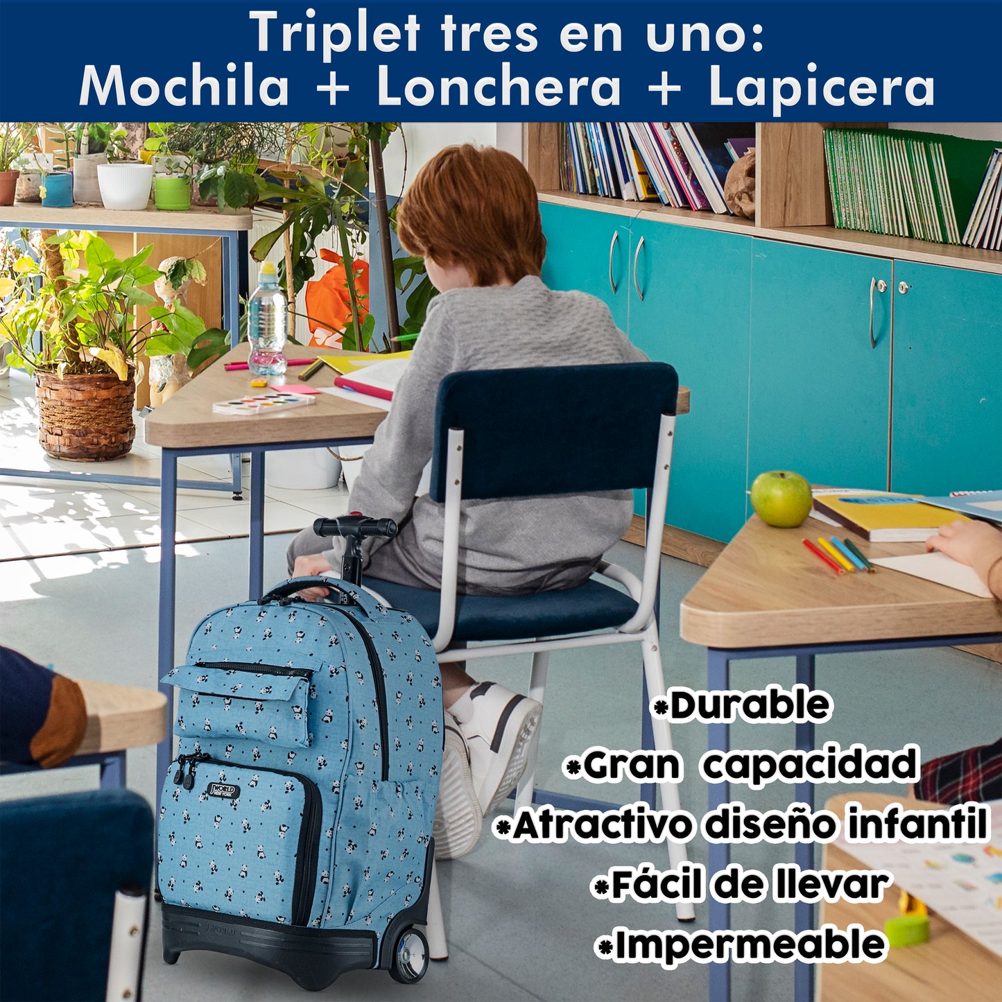 Mochila Escolar Con Ruedas Panda 3 en 1: (Lonchera + Lapicera) Integradas