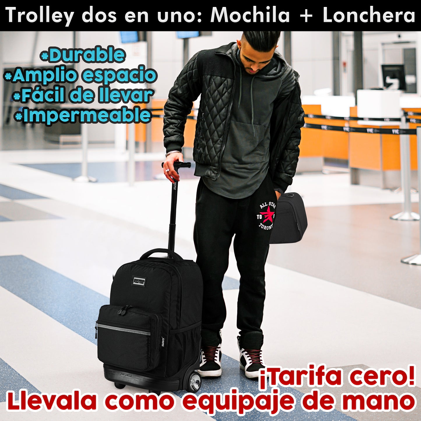 Mochila Escolar Con Ruedas JWorld Negra + Lonchera