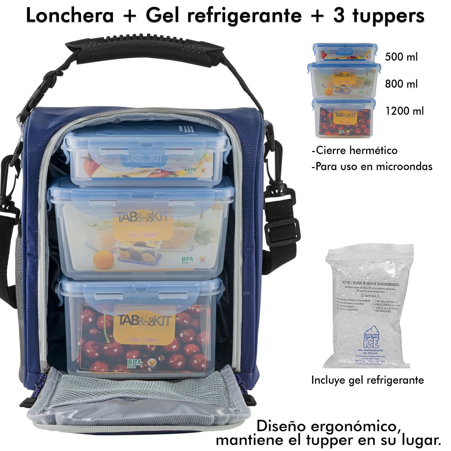 Set de Lonchera Térmica Con Gel Refrigerante + 3 Tuppers