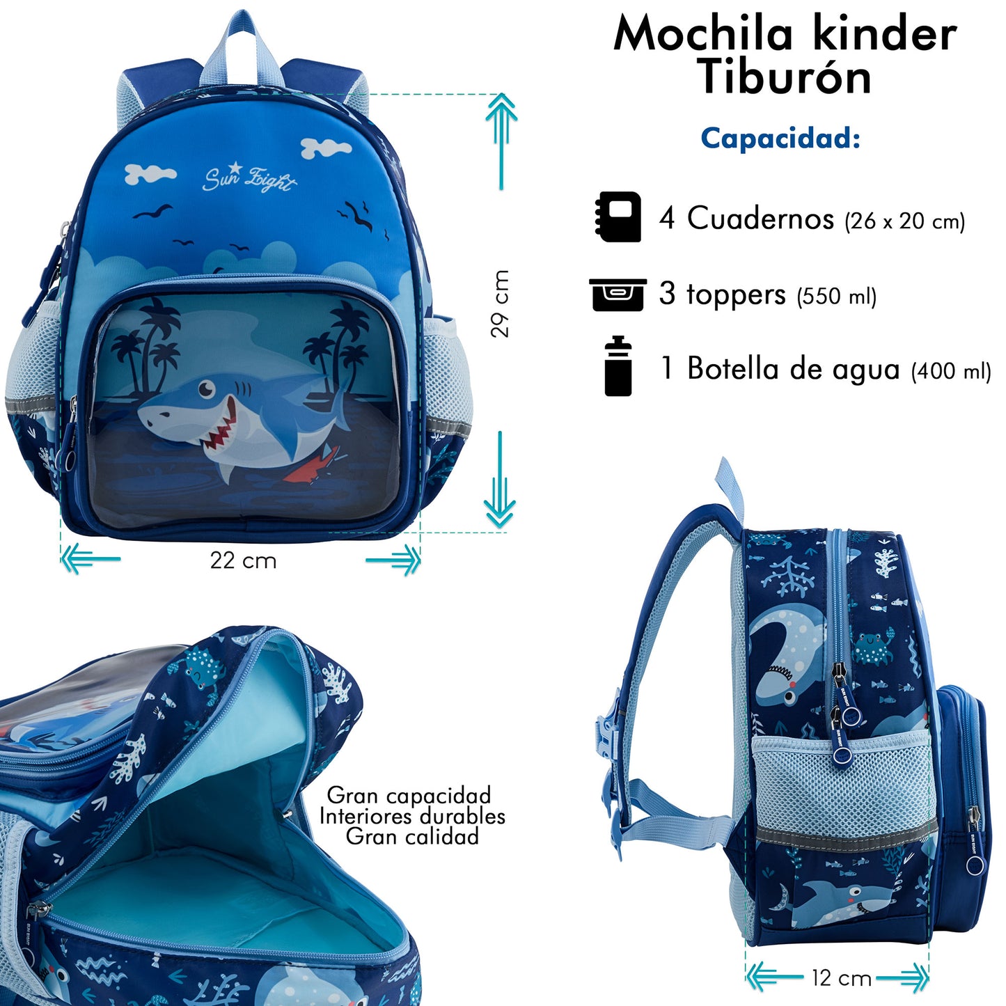 Mochila Escolar Kinder Sun Tiburón - Con Bolsa Transparente