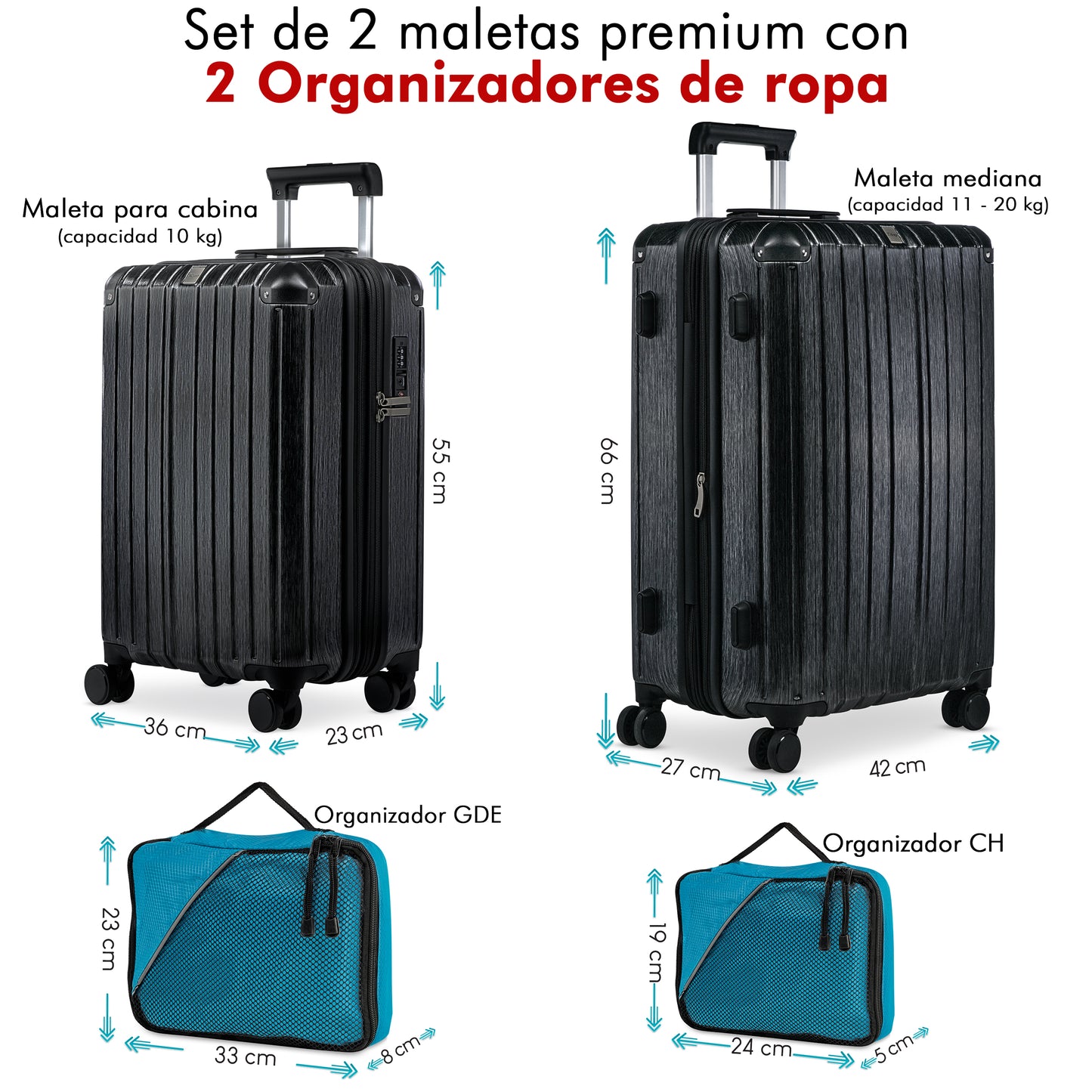 Set de 2 Maletas YIN 20" y 24” Oxford Premium + 2 Organizadores de Ropa