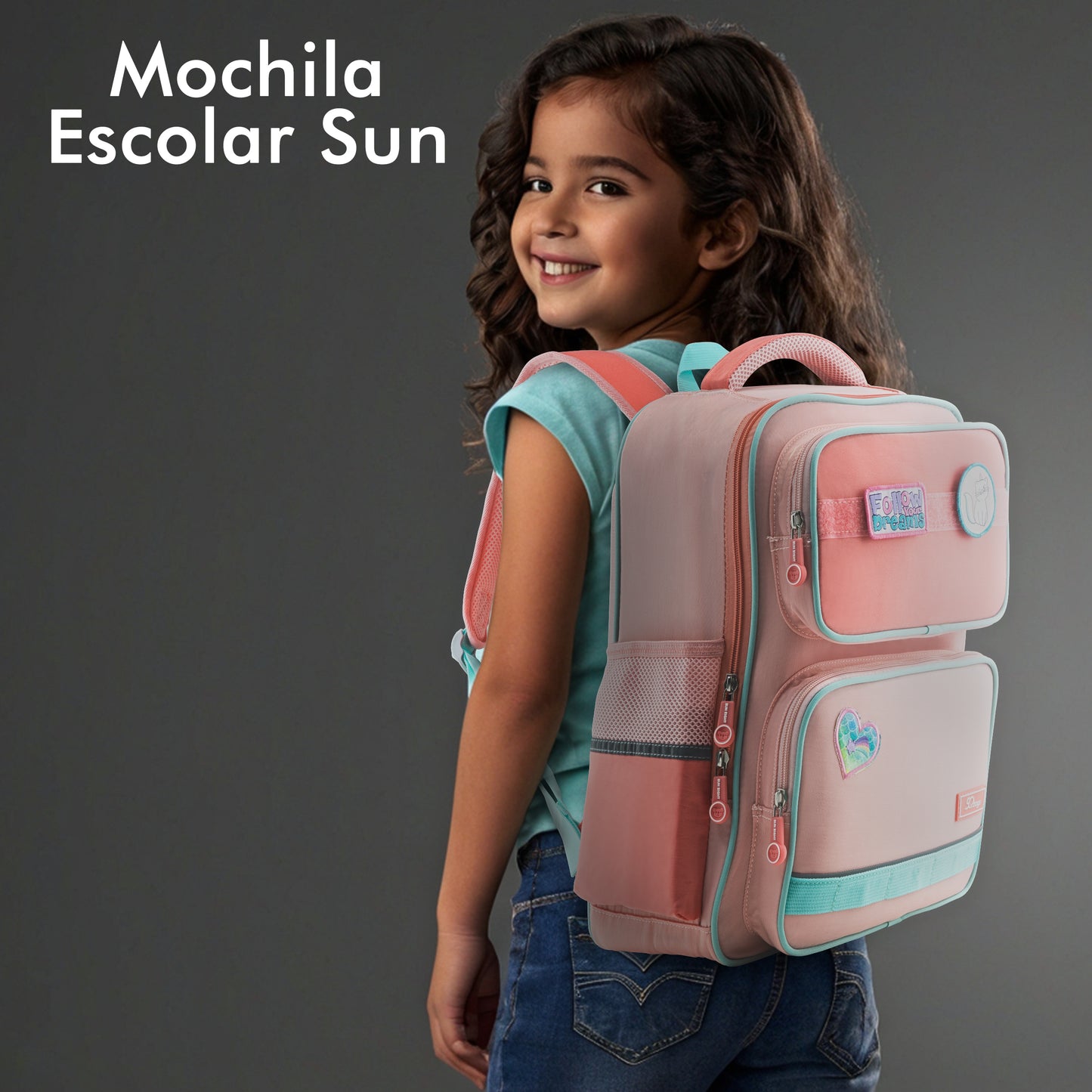 Mochila Escolar Sun Con Parches Rosa