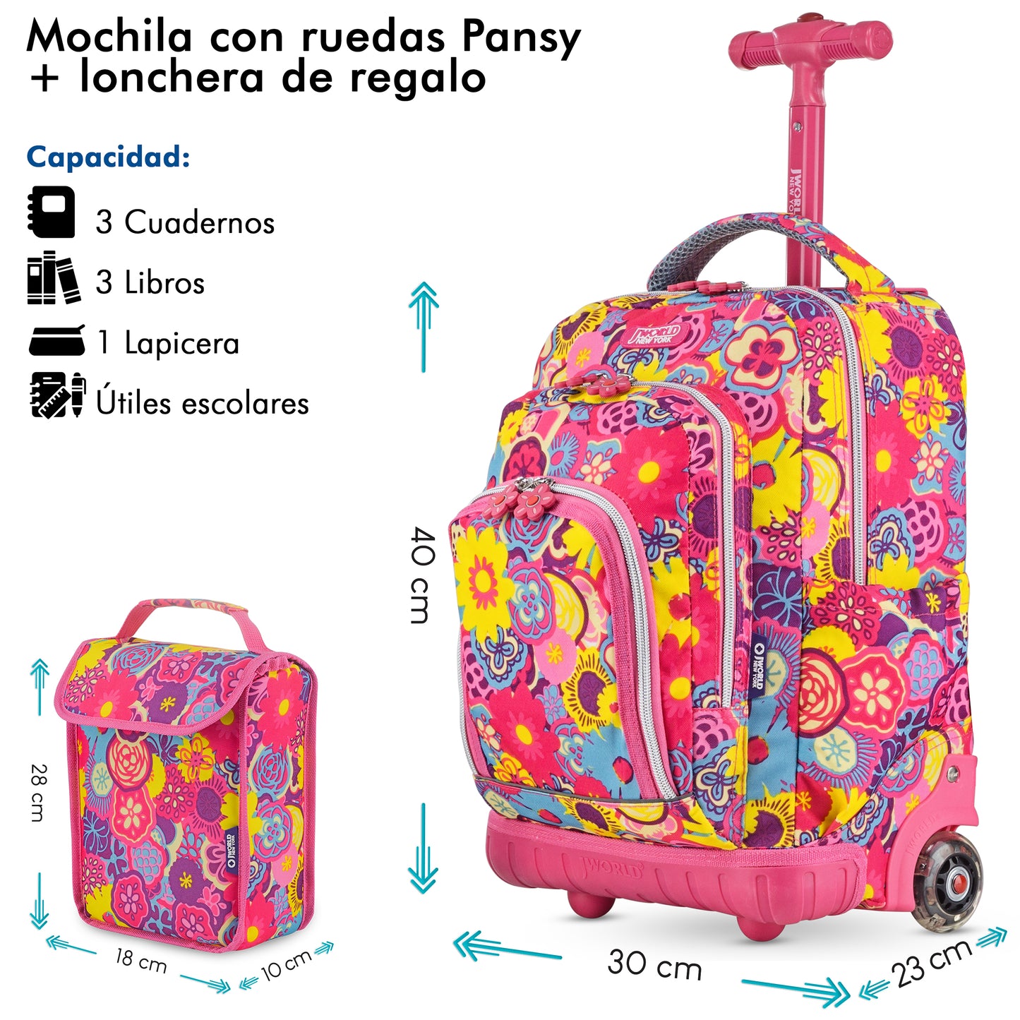 Mochila Escolar Con Ruedas JWorld Lollipop Pansy+ Lonchera