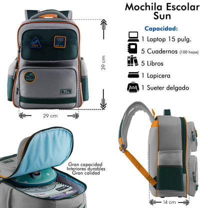 Mochila Escolar Sun Con Parches Verde