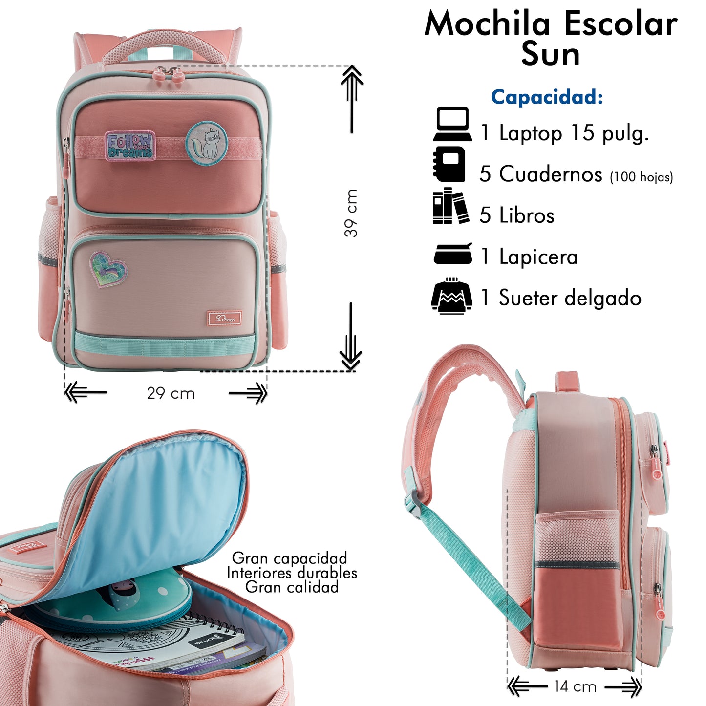 Mochila Escolar Sun Con Parches Rosa