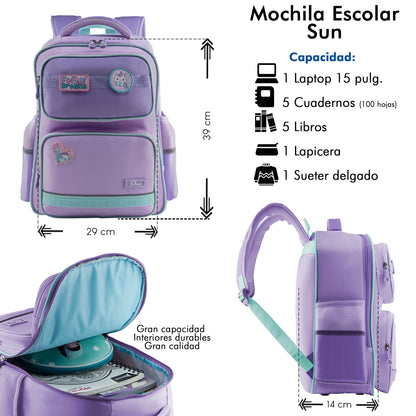 Mochila Escolar Sun Con Parches Morada