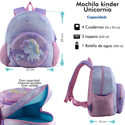 Mochila Escolar Kinder Sun Unicornio 3D