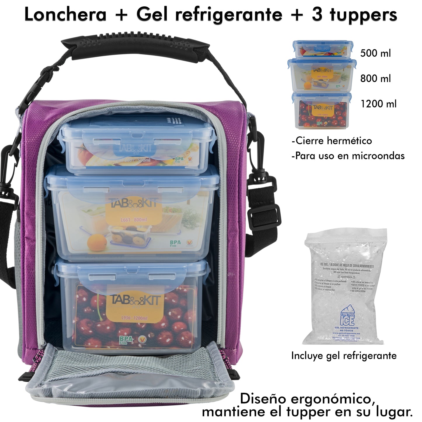 Lonchera Térmica Fresh Uva Con 3 Tuppers y Gel Refrigerante