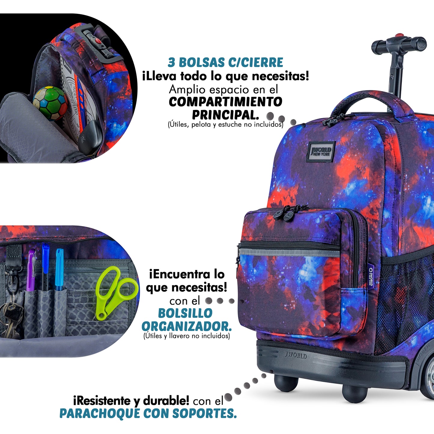 Mochila Escolar Grande Con Ruedas JWorld  Espacial + Lonchera