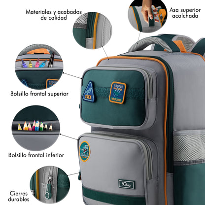 Mochila Escolar Sun Con Parches Verde