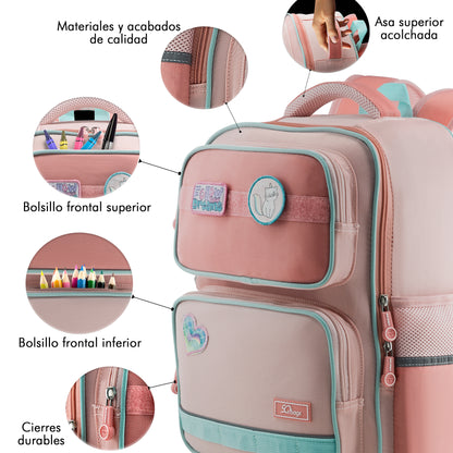 Mochila Escolar Sun Con Parches Rosa