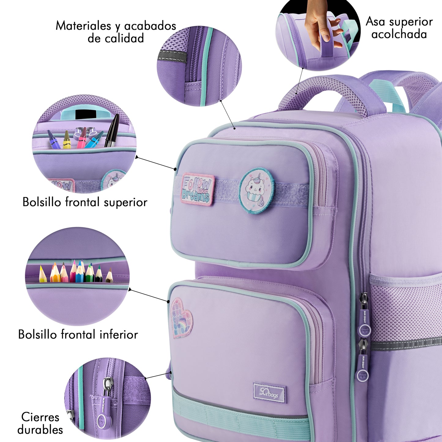 Mochila Escolar Sun Con Parches Morada