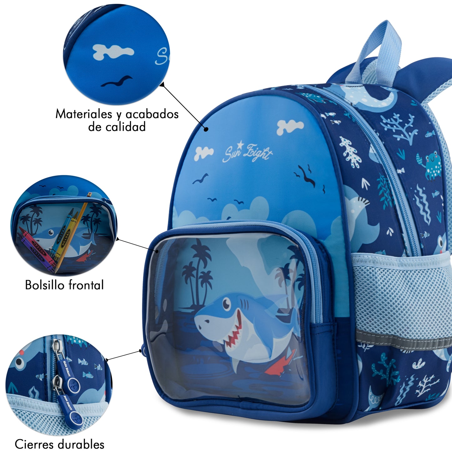 Mochila Escolar Kinder Sun Tiburón Con Bolsa Transparente