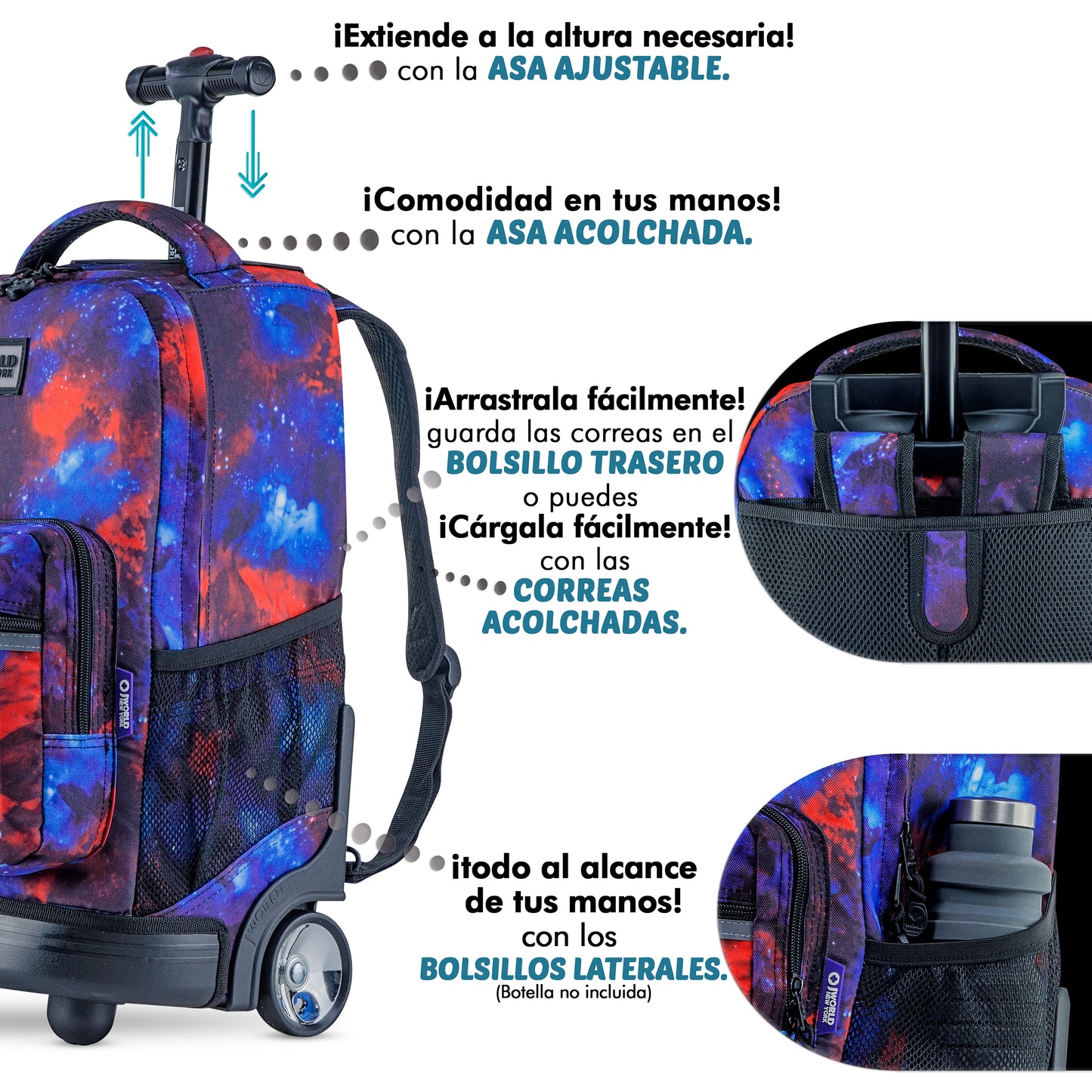 Mochila Escolar Grande Con Ruedas JWorld  Espacial + Lonchera