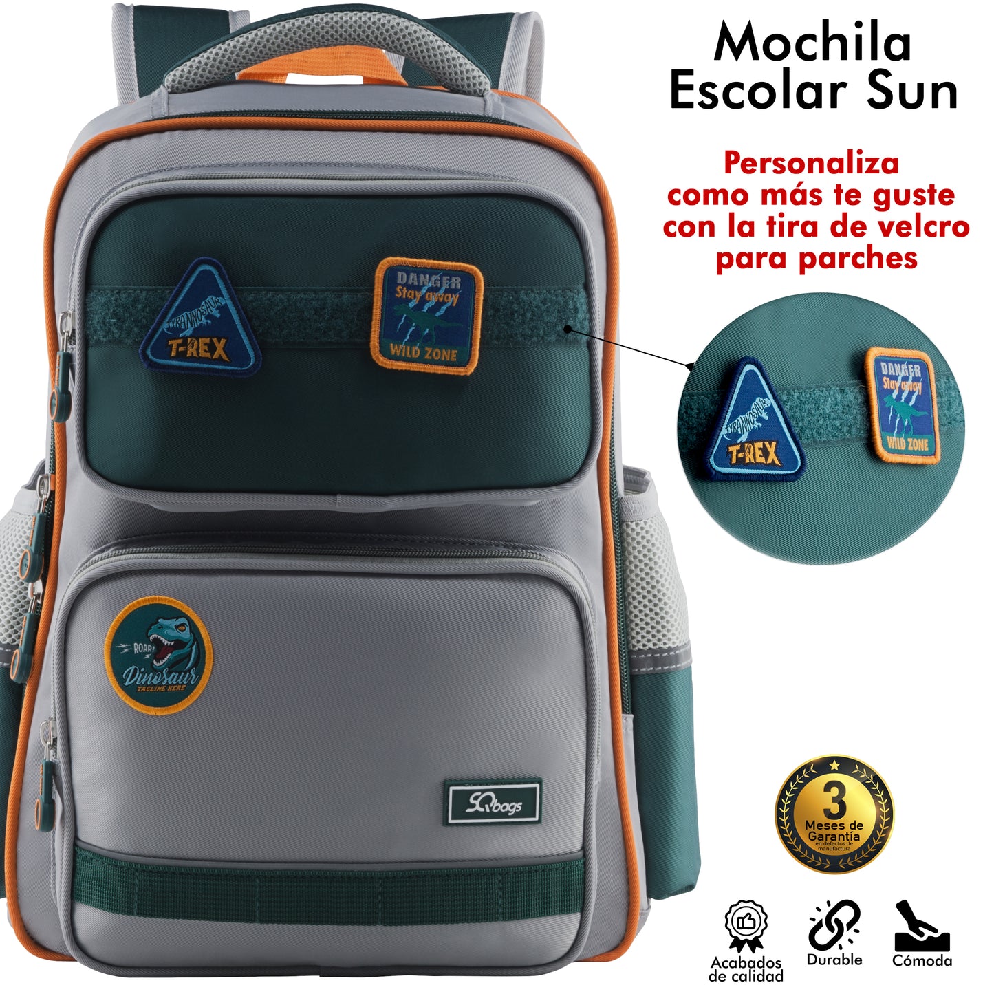 Mochila Escolar Sun Con Parches Verde