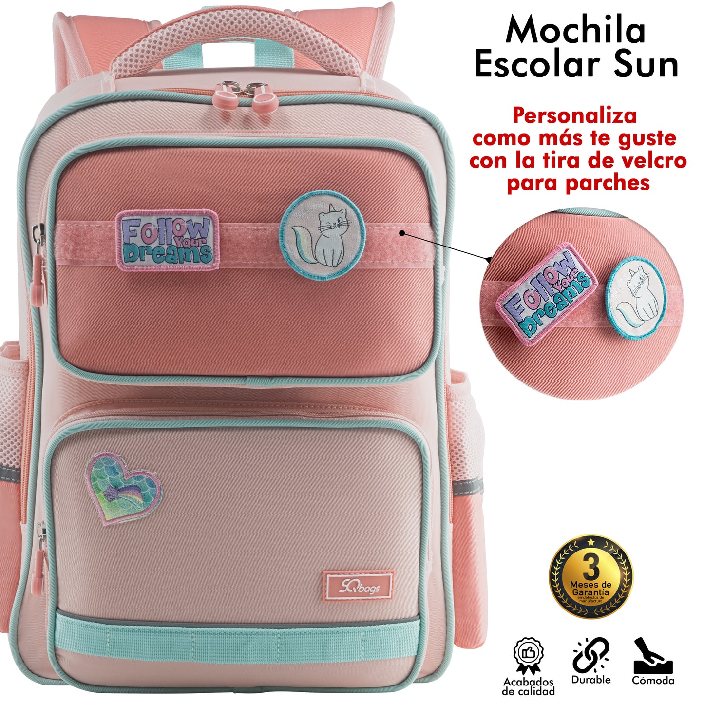 Mochila Escolar Sun Con Parches Rosa