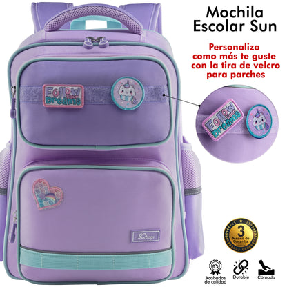 Mochila Escolar Sun Con Parches Morada