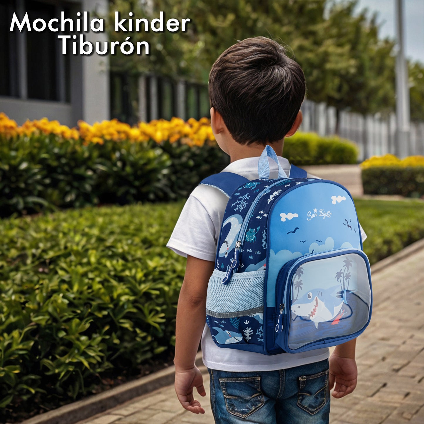 Mochila Escolar Kinder Sun Tiburón Con Bolsa Transparente