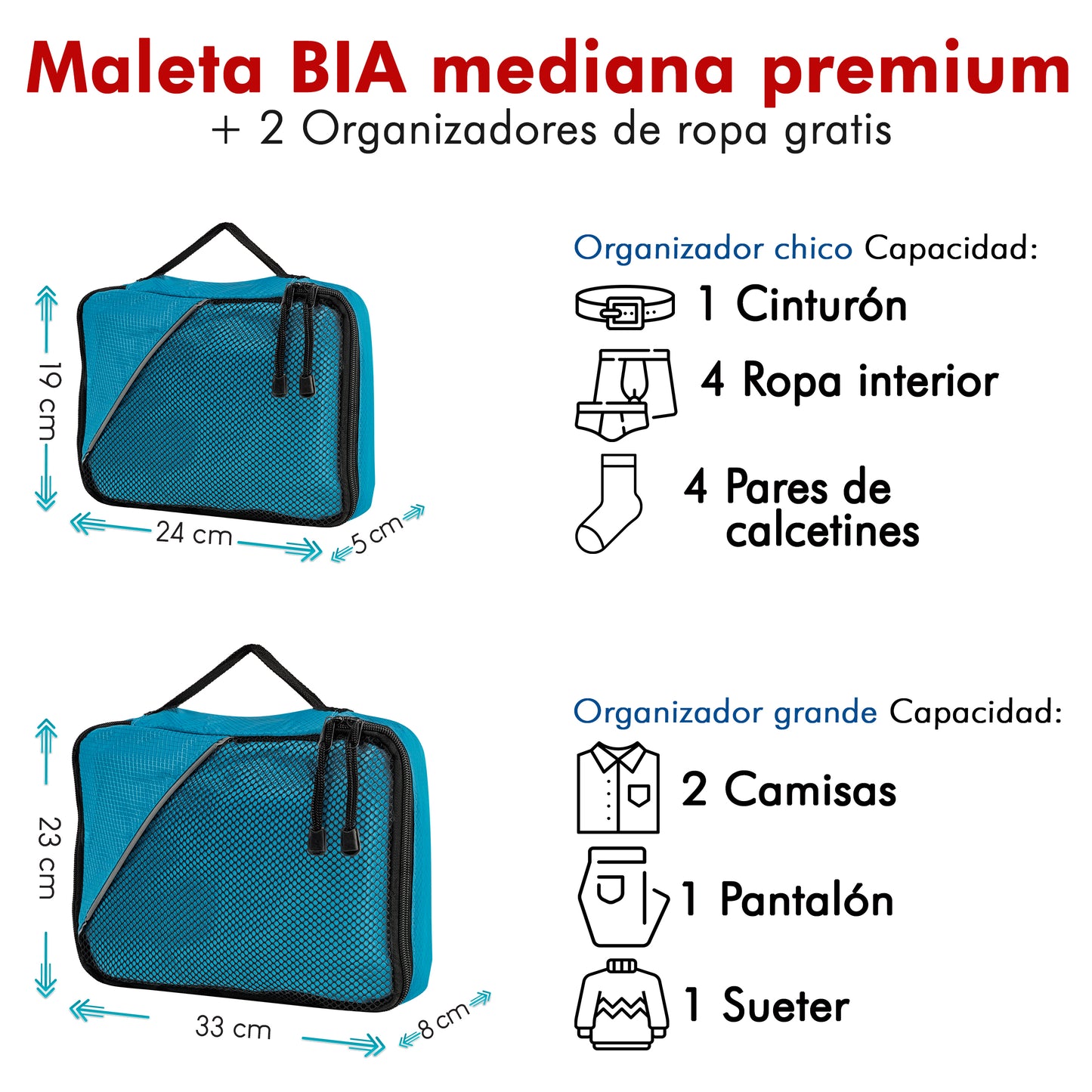 Maleta de Policarbonato BIA 24” Azul + 2 Organizadores de Ropa