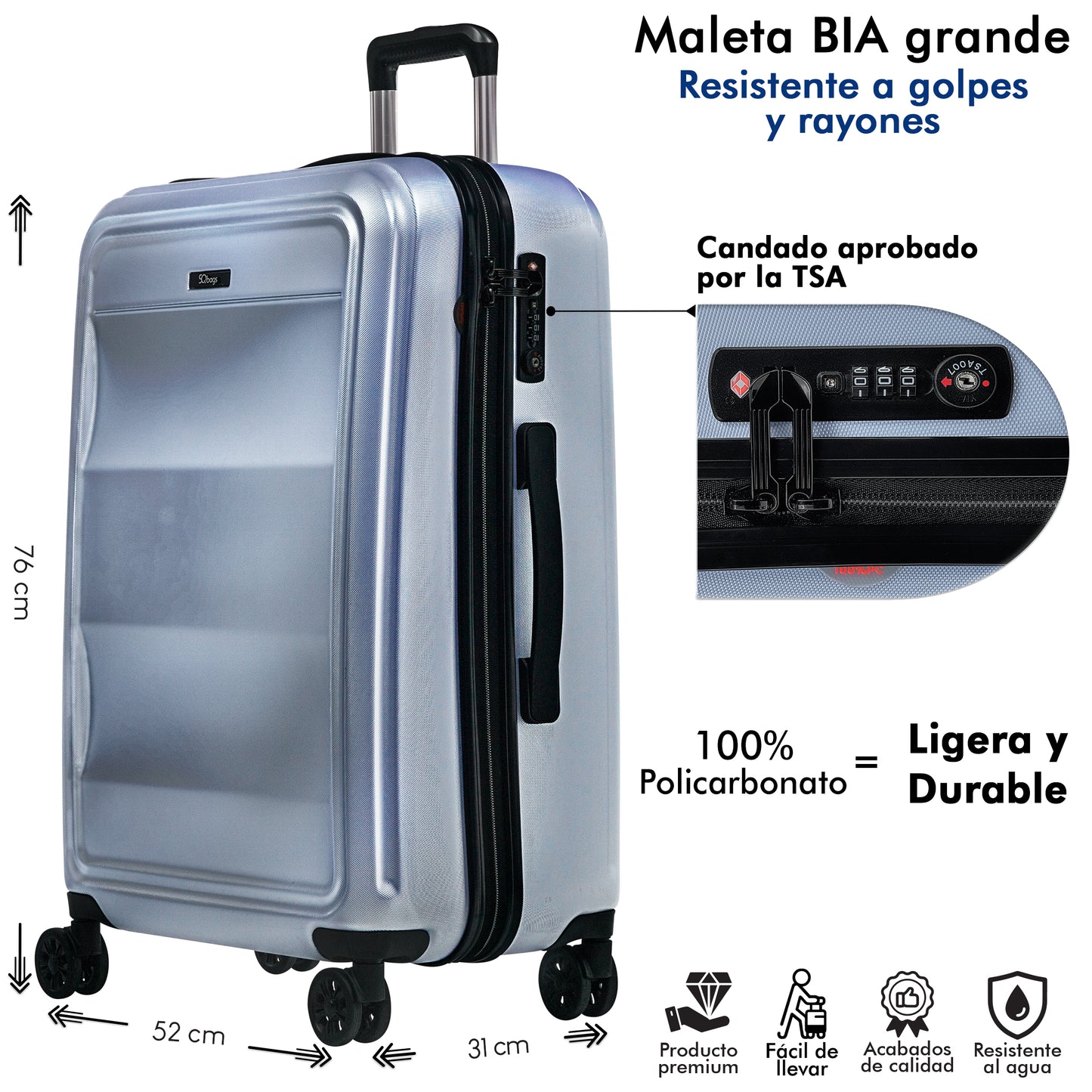 Maleta de Policarbonato BIA 28" Premium. Candado TSA, Máxima Capacidad 25 Kg.