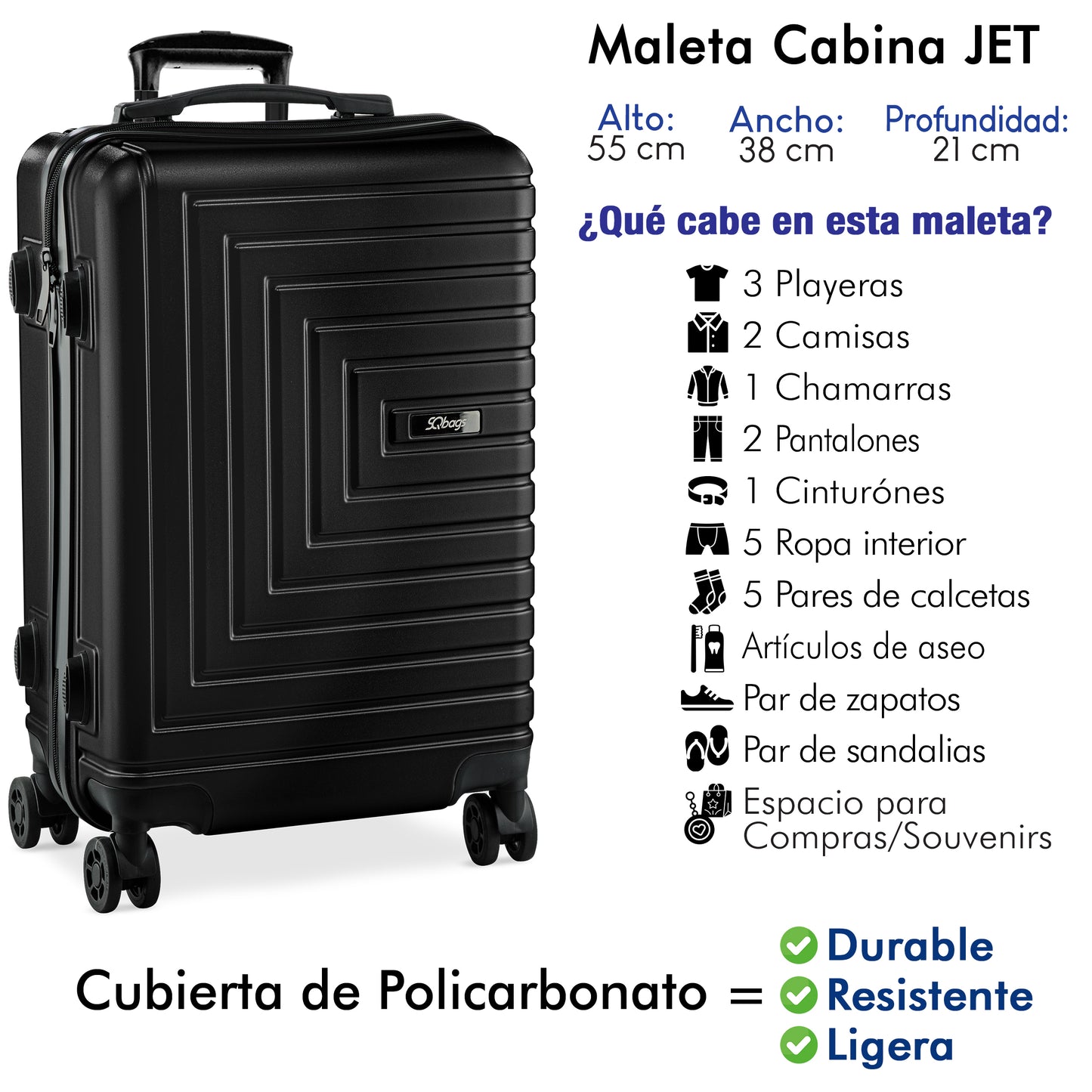 Maleta de Viaje Carry On JET 20 Pulgadas. Maleta de Mano Rígida 10 Kg con Ruedas 360°.