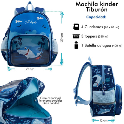 Mochila Escolar Kinder Sun Tiburón - Con Bolsa Transparente